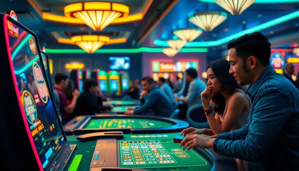 Menampilkan pemain terlibat dalam togel online di kasino yang cerah dan penuh warna.