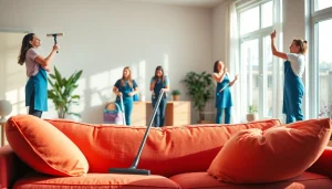 Cleaning Service team thoroughly tidying a modern living room with natural light and vibrant decor.