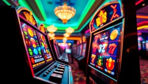 Putar bro138 slot di mesin slot yang cerah dan penuh warna dengan suasana kasino yang ramai.