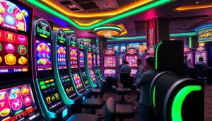 Permainan slot gacor hari ini yang menarik dengan mesin slot berwarna-warni dan suasana kasino yang meriah.