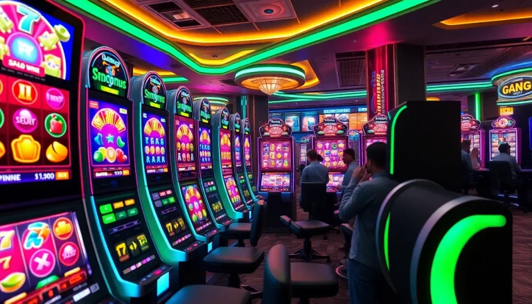 Permainan slot gacor hari ini yang menarik dengan mesin slot berwarna-warni dan suasana kasino yang meriah.