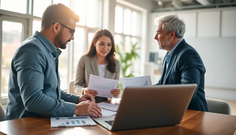 Engaged couple consulting on wealth management San Antonio with a financial advisor in a bright office.