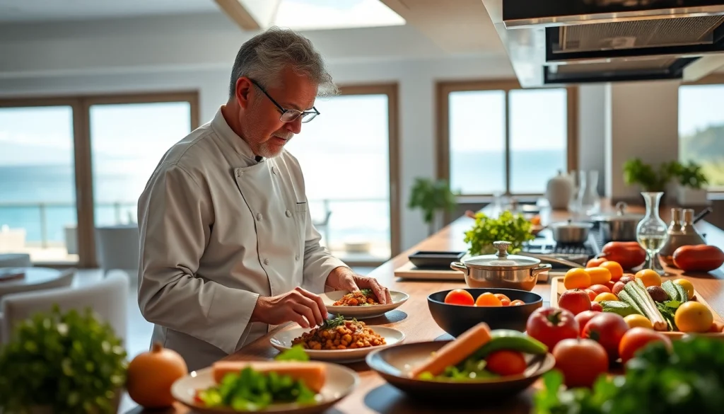 Private chef St Martin showcases gourmet dishes in a luxurious villa kitchen with ocean views.