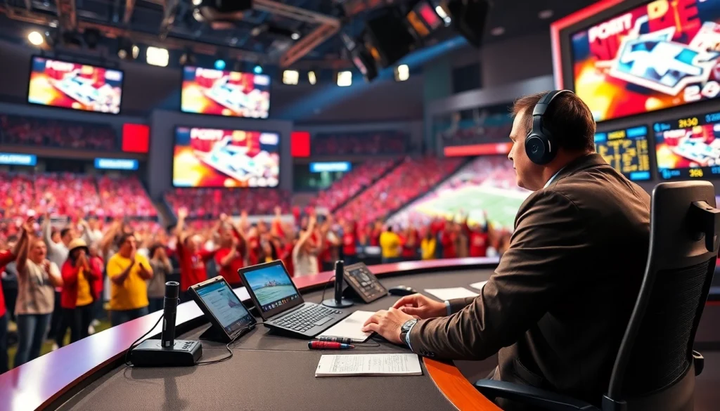 스포츠중계 현장에서 역동적인 해설자가 스튜디오에서 활동하는 모습
