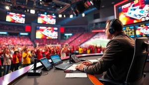 스포츠중계 현장에서 역동적인 해설자가 스튜디오에서 활동하는 모습