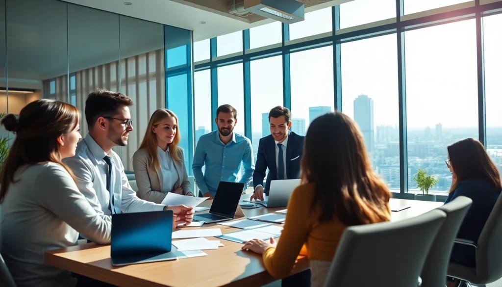 Quickplus Business Consultants team collaborating in a modern office environment emphasizing teamwork.