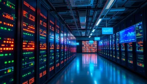 Efficient bitcoin cloud mining facility with advanced servers and analytics screens.