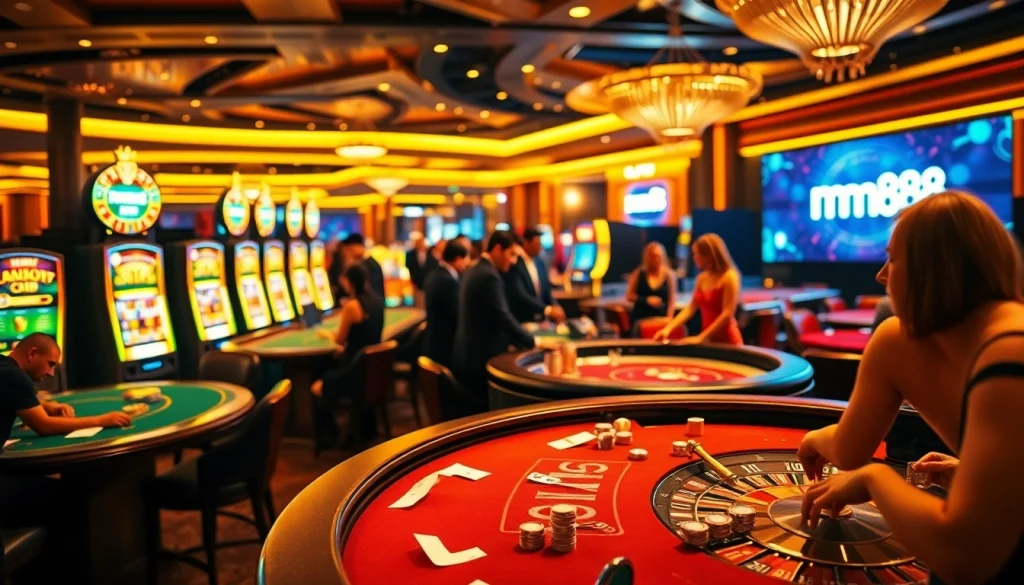 mm88 players enjoying an immersive casino experience at vibrant tables with poker chips and cards.