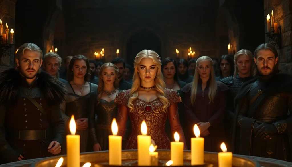 View the iconic Game of Thrones cast showcasing main characters like Jon Snow and Daenerys Targaryen.