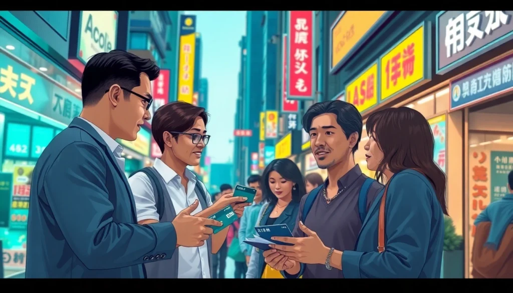 카드깡 거래를 하는 사람들과 활기찬 도심의 배경을 보여주는 장면