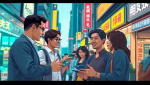 카드깡 거래를 하는 사람들과 활기찬 도심의 배경을 보여주는 장면