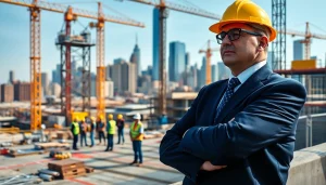 New York Construction Manager guiding a construction team amidst a bustling urban site.