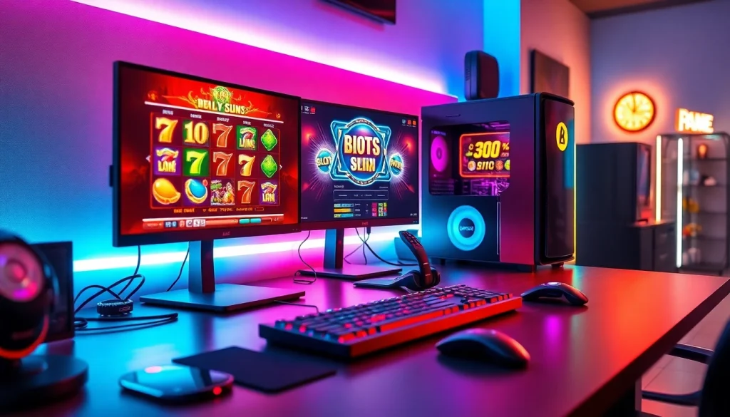 Menangkan permainan agen toto terbaik slot dengan setup gaming modern yang menampilkan monitor dan peralatan canggih.