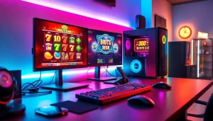 Menangkan permainan agen toto terbaik slot dengan setup gaming modern yang menampilkan monitor dan peralatan canggih.