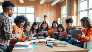 Engaged students collaborating in a bright classroom emphasizing Education through teamwork.