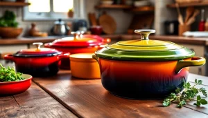 Discover where to buy Le Creuset in NZ with vibrant cookware displayed on a rustic kitchen table.