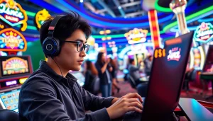 Menampilkan Asialive88 Login game dengan pemain yang antusias di kasino modern.