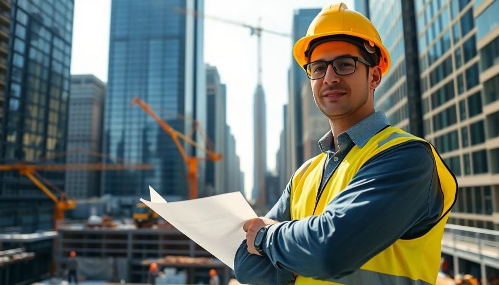 New York Construction Manager supervising a busy construction site in Manhattan with blueprints.