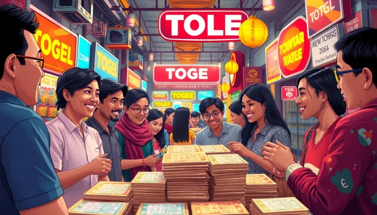 Menampilkan bandar togel yang ramai dengan pemain aktif dan tiket lotere berwarna-warni.