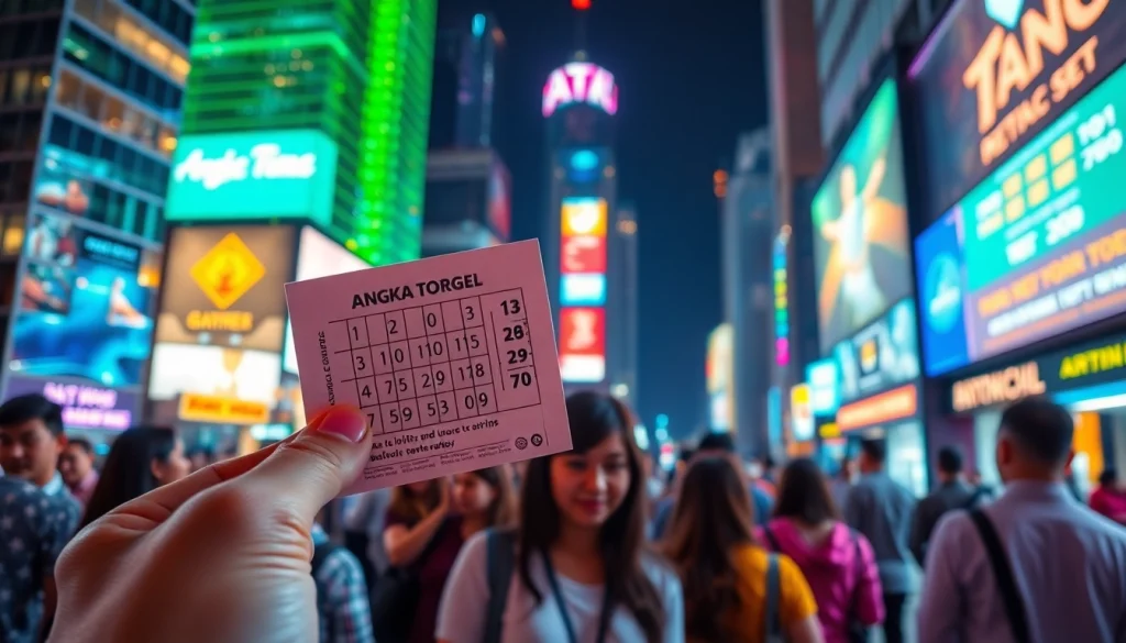Menyajikan angka togel dengan suasana kota yang ceria dan penuh warna, menampilkan antusiasme pemain.