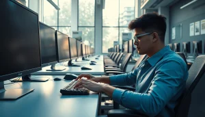 Enhance your typing skills at our vibrant typing center with ergonomic workstations designed for efficiency.