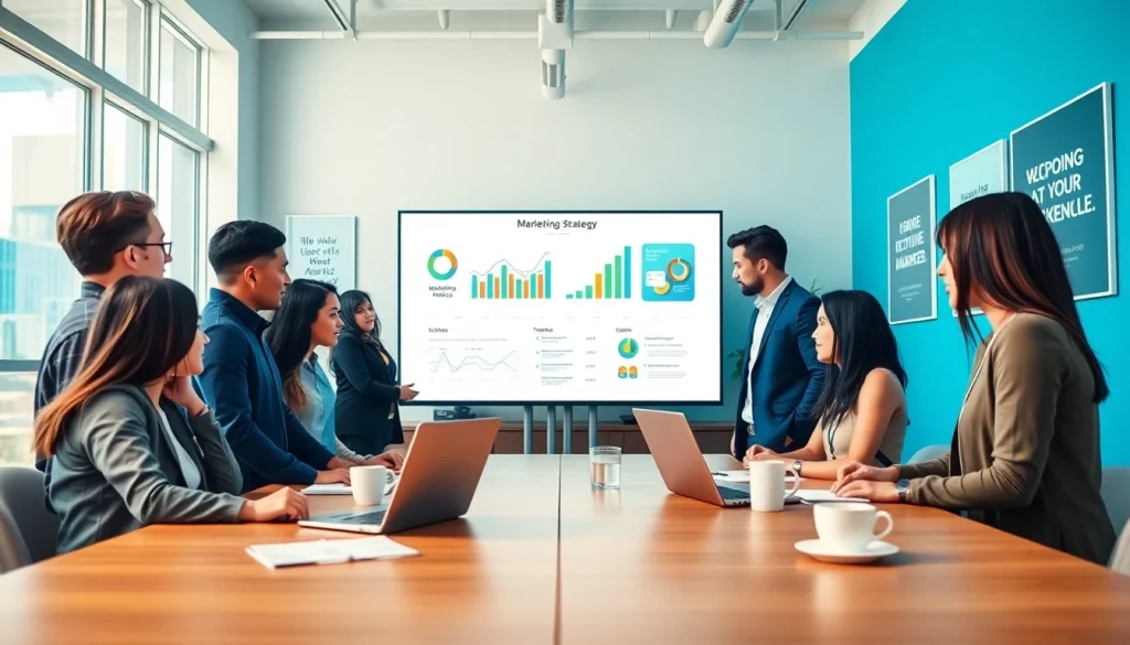 Engaged marketing team working on Good Wolf Marketing strategy in a modern office.