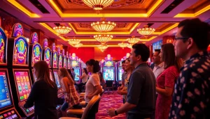 Permainan bandar toto 4d slot yang ramai dengan pemain bersemangat dan mesin slot warna-warni.