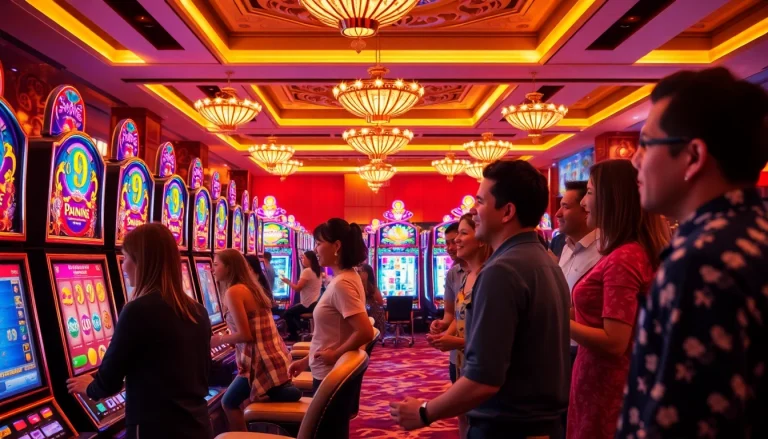 Permainan bandar toto 4d slot yang ramai dengan pemain bersemangat dan mesin slot warna-warni.