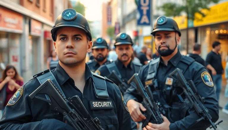 Security Services Fredericksburg with professional guards engaging with the community in a vibrant urban setting.