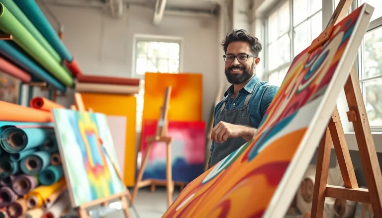 Canvas schilderachtig in studio met kunstenaar die aandachtig werkt aan een schilderij.