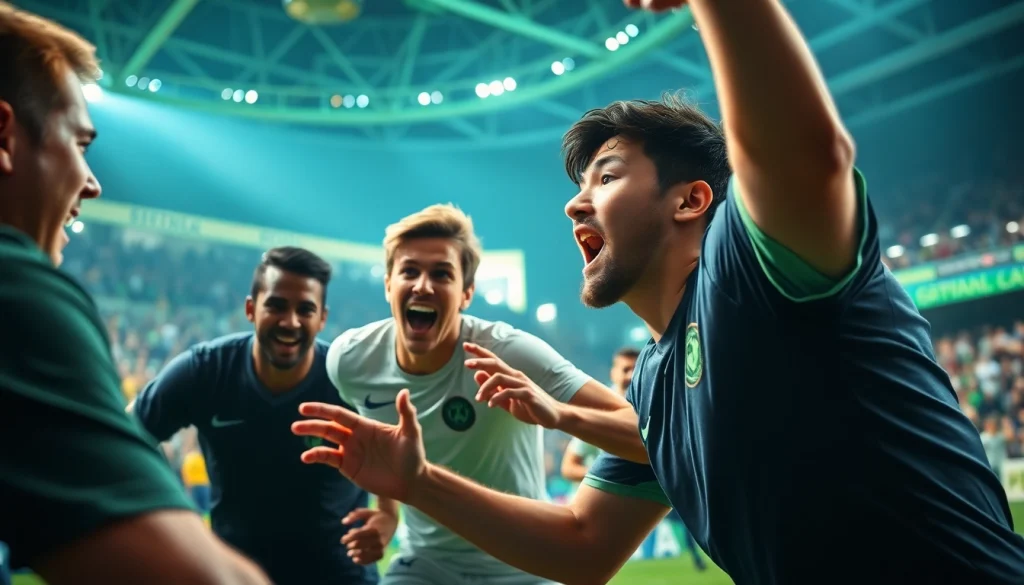 Menggambarkan suasana seru bandar bola game dengan pemain yang beraksi dan penonton bersorak.