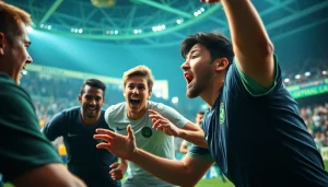 Menggambarkan suasana seru bandar bola game dengan pemain yang beraksi dan penonton bersorak.