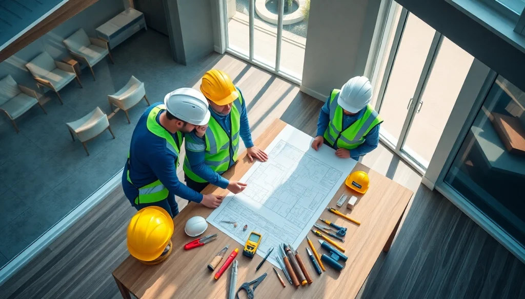 New Jersey General Contractor team collaborating on a home renovation project with blueprints.