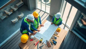 New Jersey General Contractor team collaborating on a home renovation project with blueprints.