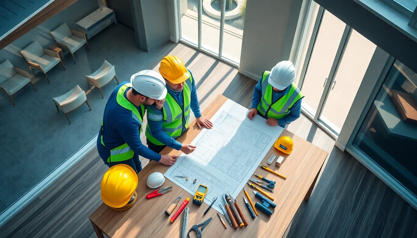 New Jersey General Contractor team collaborating on a home renovation project with blueprints.