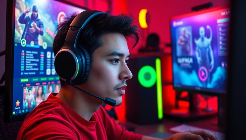 Menampilkan pemain yang terlibat dalam domino88 link alternatif game dengan peralatan gaming berwarna cerah.