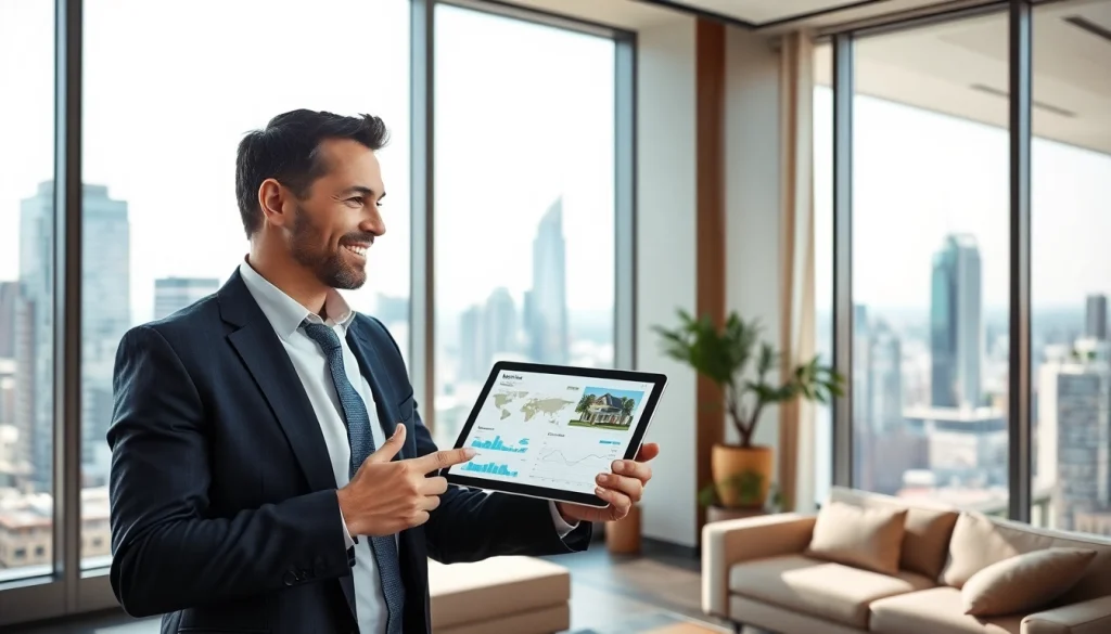 Real Estate agent advising clients with informative data and city skyline in the background.