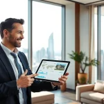Real Estate agent advising clients with informative data and city skyline in the background.