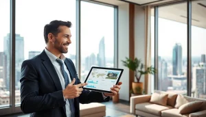 Real Estate agent advising clients with informative data and city skyline in the background.