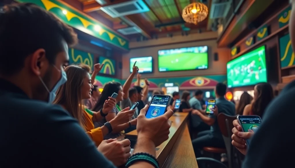 Enthusiastic group engaging in sports betting Brazil in a lively sports bar, with mobile devices in hand.