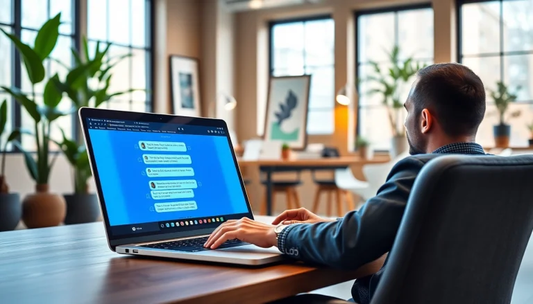 Engaging with a chatgpt free alternative on a modern laptop in a professional workspace.