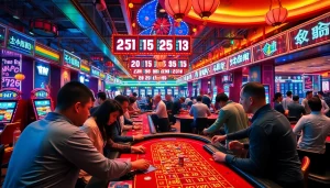 Menggambarkan suasana bandar toto macau yang energik dengan pemain menikmati permainan.