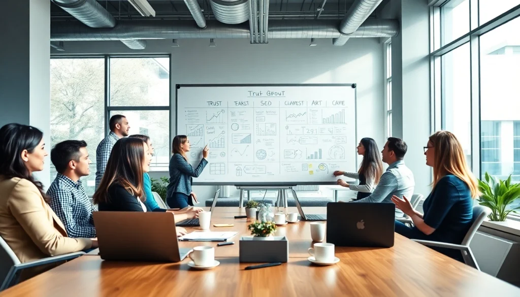 SEO agency team brainstorming strategies in a bright, modern office environment.