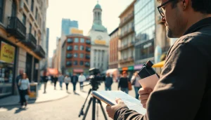 Capture location scouting with a professional examining urban scenes for film projects.