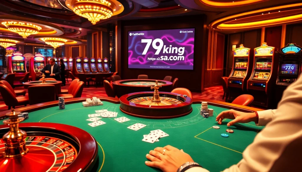 The exciting casino scene at https://79king2.sa.com/ captures poker players and spinning roulette wheels, showcasing vibrant gaming action.