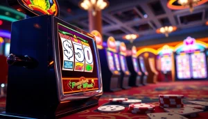 Taruhan slot bet 50 menarik dengan mesin slot yang bersinar dan lingkungan kasino.