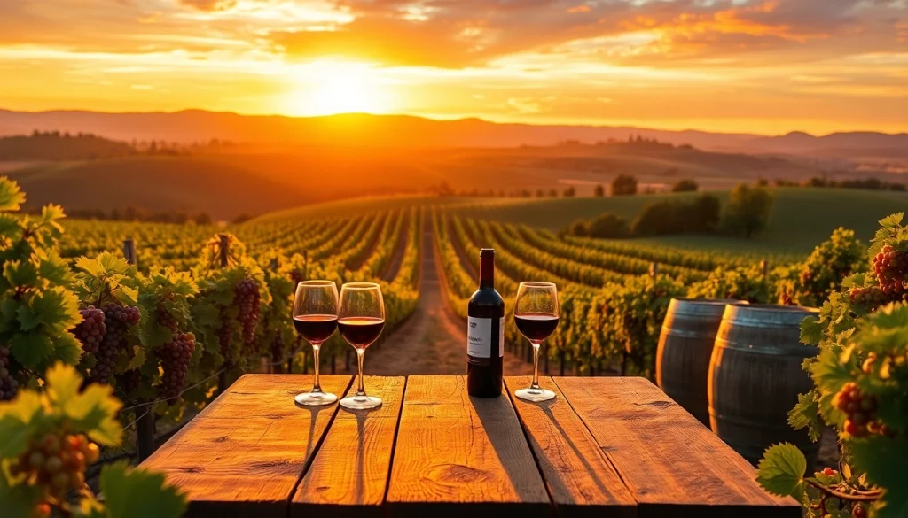 Experience clarksburg wineries with a scenic vineyard at sunset, featuring rustic details and warm lighting.