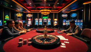 Players engaging with the premium gaming experience at Liên Minh KJC casino, highlighting excitement and professionalism.