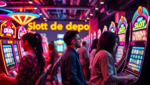 Menampilkan slot depo 1k dengan pemain bersemangat di kasino yang terang benderang.