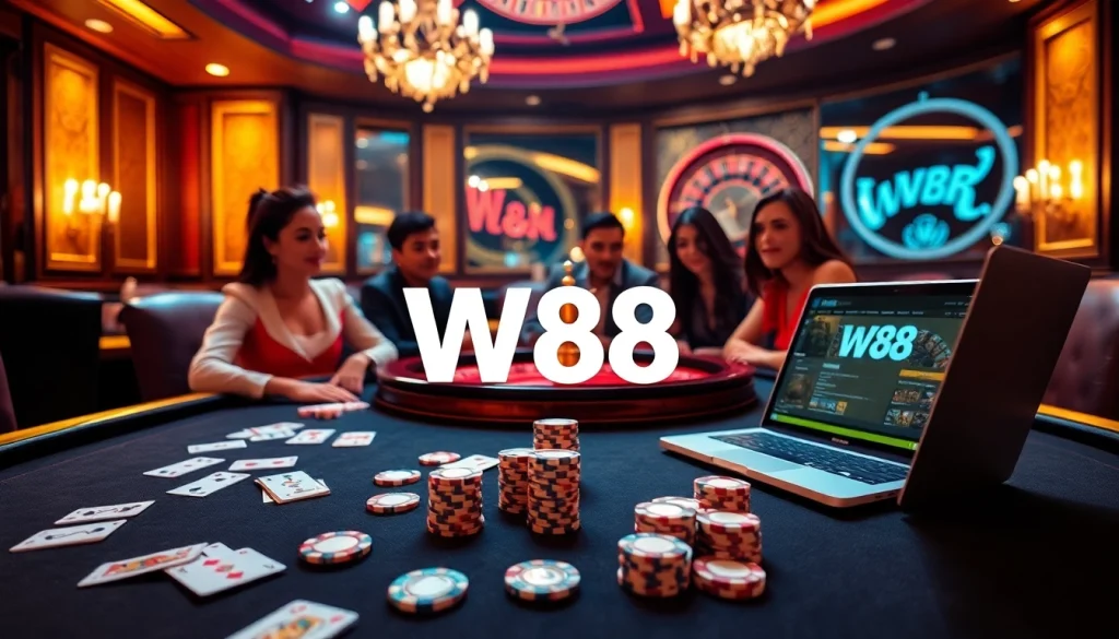Cảnh sòng bạc động với W88, chip poker, bài chơi và bánh xe roulette, gợi lên sự phấn khích.